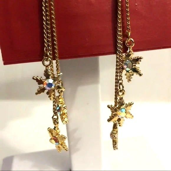 Gold Tone Snowflake Chain Dangle Earrings - Picture 2 of 5